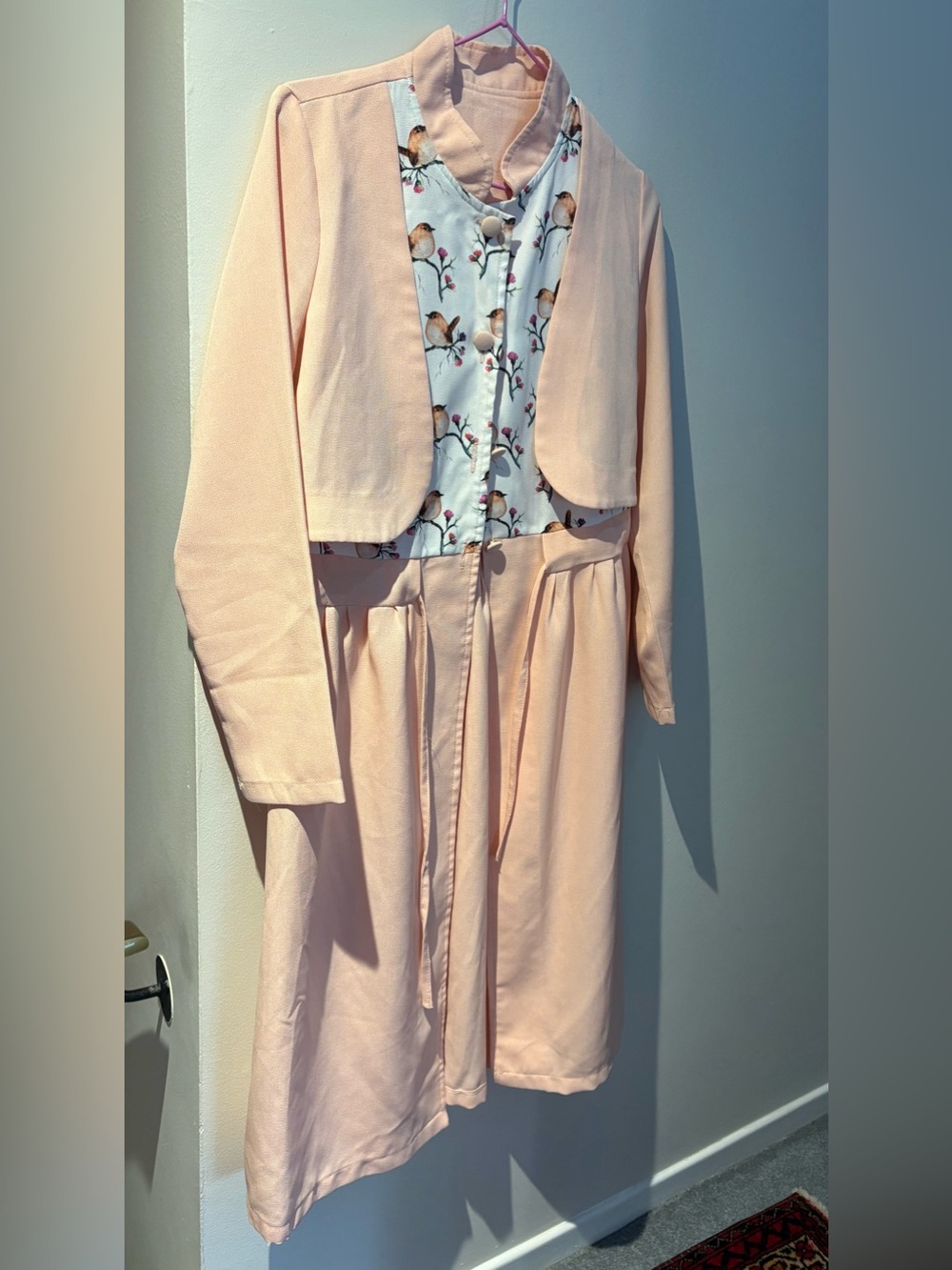 Handmade Peach Pink fake Two-Piece Dress with Bird Print Bodice